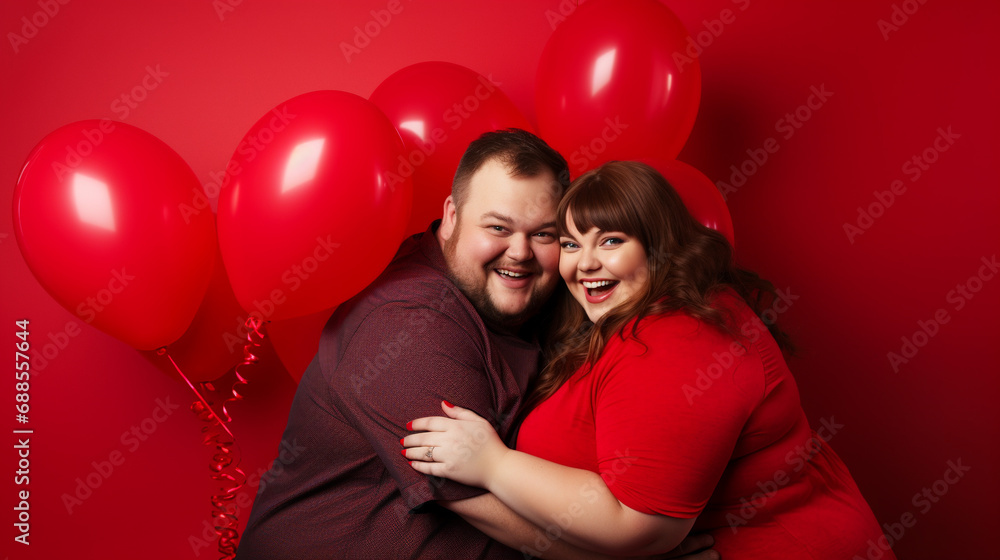 Cute overweight couple in love. Valentine's day concept. 