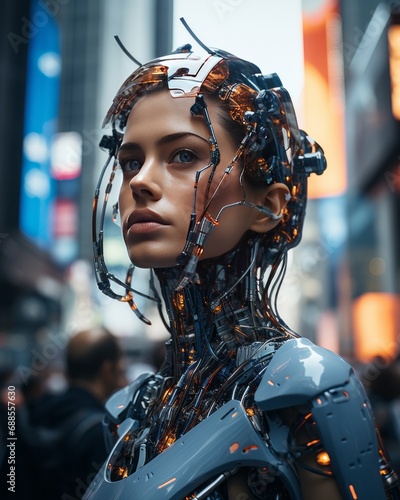 Technology has advanced. Cyborg woman, part human, part machine