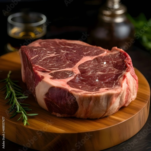 Raw beef steak with rosemary on a circular wooden board, blurred background.