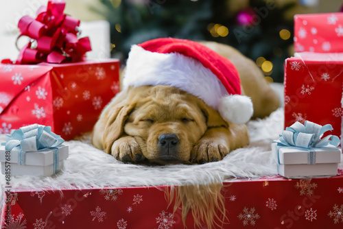 Golden labrador dog sleeping in the housed dressed as Santa Claus
