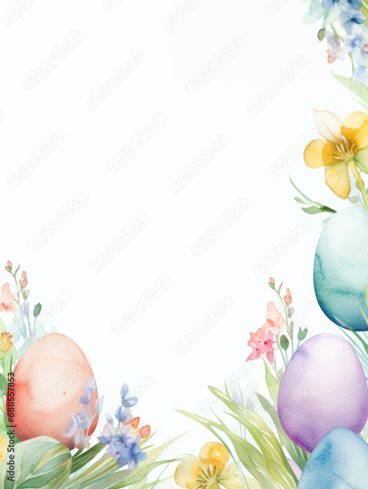 Watercolor drawing. White background framed with a pattern of flowers and Easter eggs. Copy space