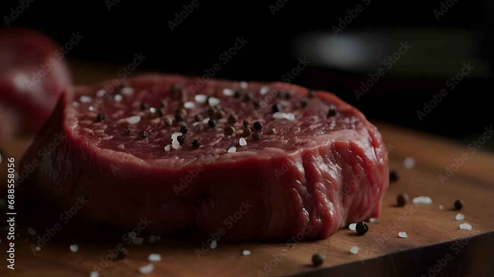Raw beef steak with spices; salt, pepper on cutting kitchen wooden board. Raw beef steak with spices; salt, pepper on cutting kitchen wooden board.