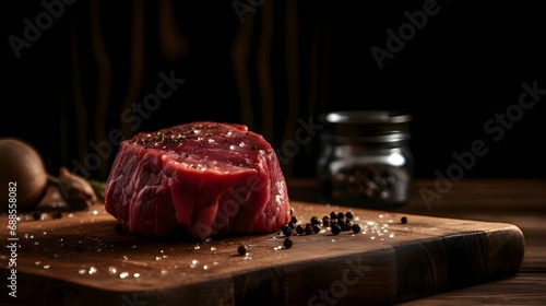 Raw beef steak with spices; salt, pepper on cutting kitchen wooden board. photo