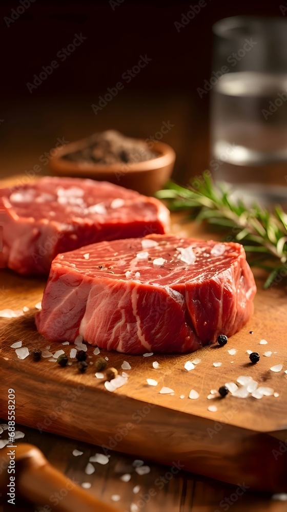 Raw, grilled beef steak with salt and pepper on a cutting kitchen wooden board, blurred background.