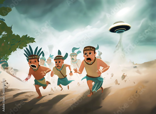 Citizens from an ancient culture running away as they're attacked by a strange visitor.