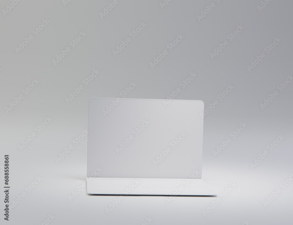 Creative minimal design idea. Concept of a white slim laptop design mock-up with a white background. 3d render, 3d illustration.