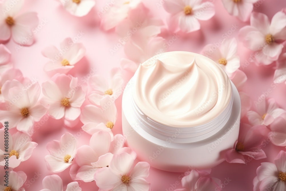 Cosmetic cream blank jar mock up with white flowers on light pastel background. Cosmetic cream blank jar mock up with white flowers on light pastel background.