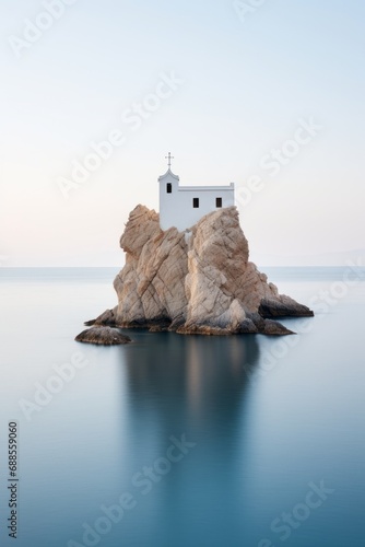 Minimal long exposure Photography of a white and blue church on a rock in the middle of the sea on a Greek island photo