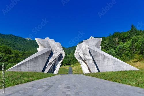 Sutjeska National Park, Bosnia and Herzegovina - August 01, 2023: The World War II monument in Sutjeska National Park, Bosnia and Herzegovina. Memorial complex Tjentiste. photo