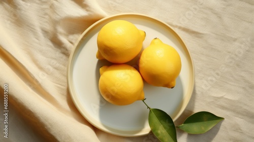 Wallpaper Mural Top view Plate with fresh lemons in a ceramic plate on the table covered with a linen tablecloth. free copy space Torontodigital.ca