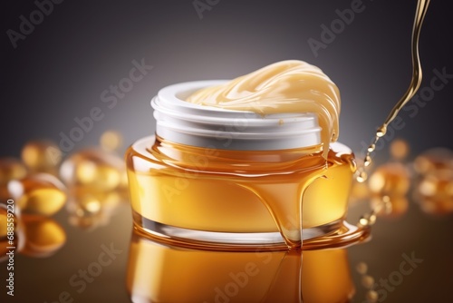 Cosmetic cream jar mock up with honey against the background of honeycombs photo