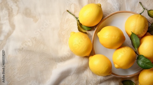 Top view Plate with fresh lemons in a ceramic plate on the table covered with a linen tablecloth. free copy space