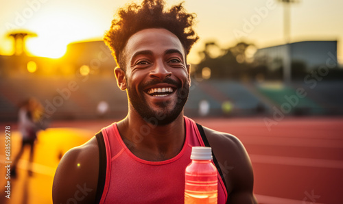 Joyful African American Athlete Holding Sports Drink Enjoying Sunset after Training on Athletic Track