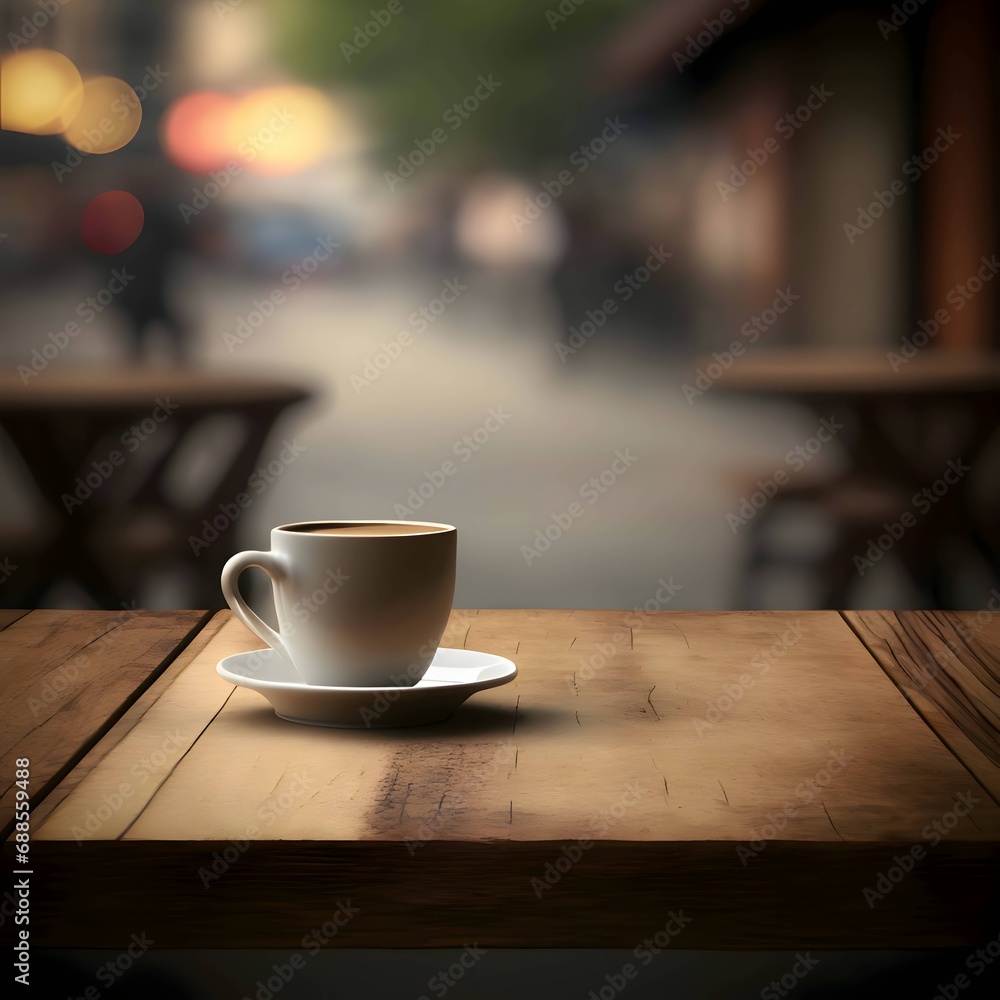 A cup of coffee on a wooden table top, blurred background, side view.