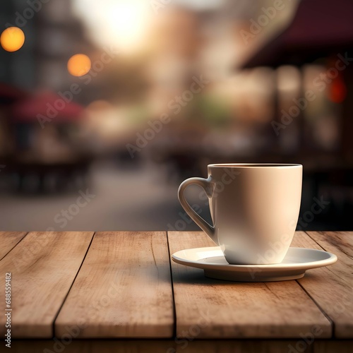 A cup of coffee on a wooden table top  blurred background  side view.