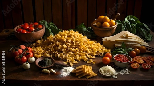 Pasta on a wooden kitchen board, all around spices, tomatoes, cheese, tomato.