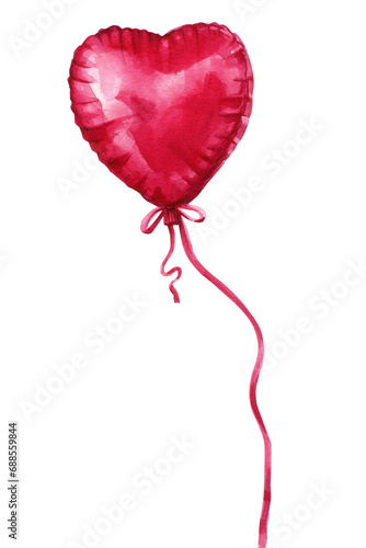 Red Love heart air balloons. Valentines day card. Watercolor illustration on isolated white background. Party decoration
