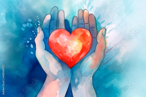 Generative ai illustration of watercolor paint of a hands hold a red heart on a blue background photo