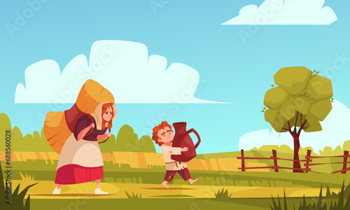 Peasants carrying wheat and vase through the field illustration