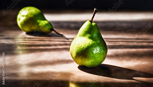 Two green pears in the morning sun. Generative AI.