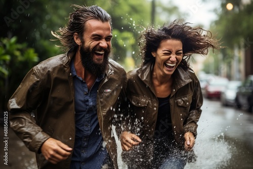 Joyful Couple Splashing in Rainy Puddles