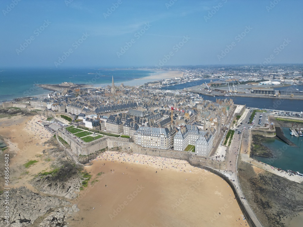  .Saint-Malo main town beach  France drone , aerial , view from air