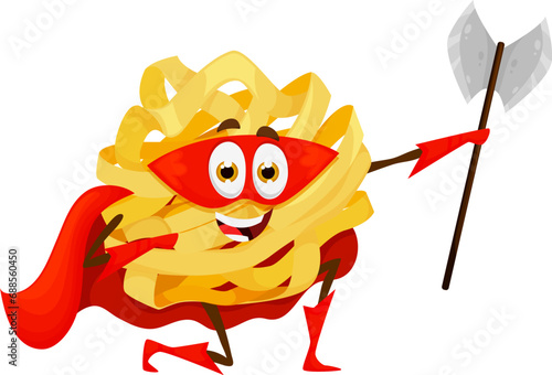 Cartoon pasta superhero, fettuccine character in super hero costume, vector guardian knight. Funny Italian pasta fettuccine in superhero power cape and red mask with knight axe, kids food character