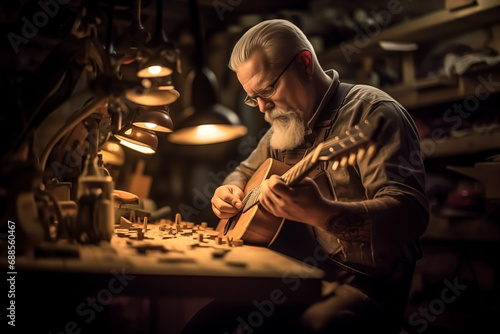 A LUTHIER MAKING A MUSICAL INSTRUMENT IN HIS WORKSHOP.