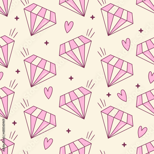 Seamless vector pattern with cute doodle diamonds, stars and hearts. Girly background with pink gems. Y2k texture for wallpaper, wrapping paper, textile design