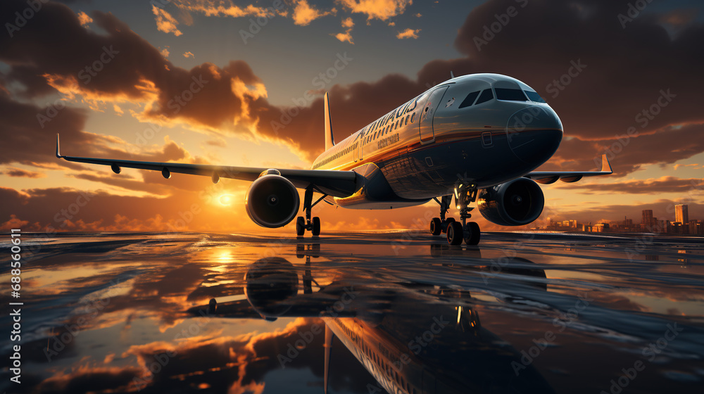 Airplane Landing On Runway At Golden Hour of Sunset on Blurry Background - obrazy, fototapety, plakaty 