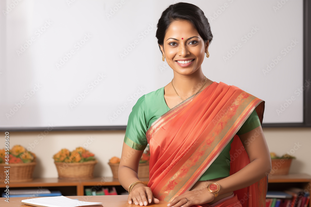 Indian Female Teacher in a Classroom, Wearing a Saree Stock Photo ...