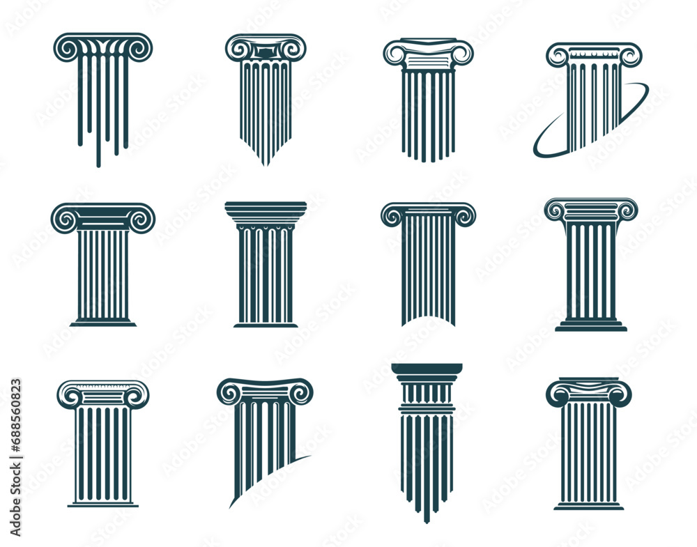 Fototapeta premium Ancient Greek columns and pillars icons, legal attorney and law office, vector symbols. Column pillar signs for lawyer notary, justice court and legislation firm or notarial and judicial education