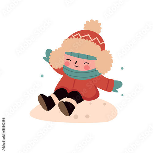 little girl in warm clothes playing snowballs. Vector illustration.