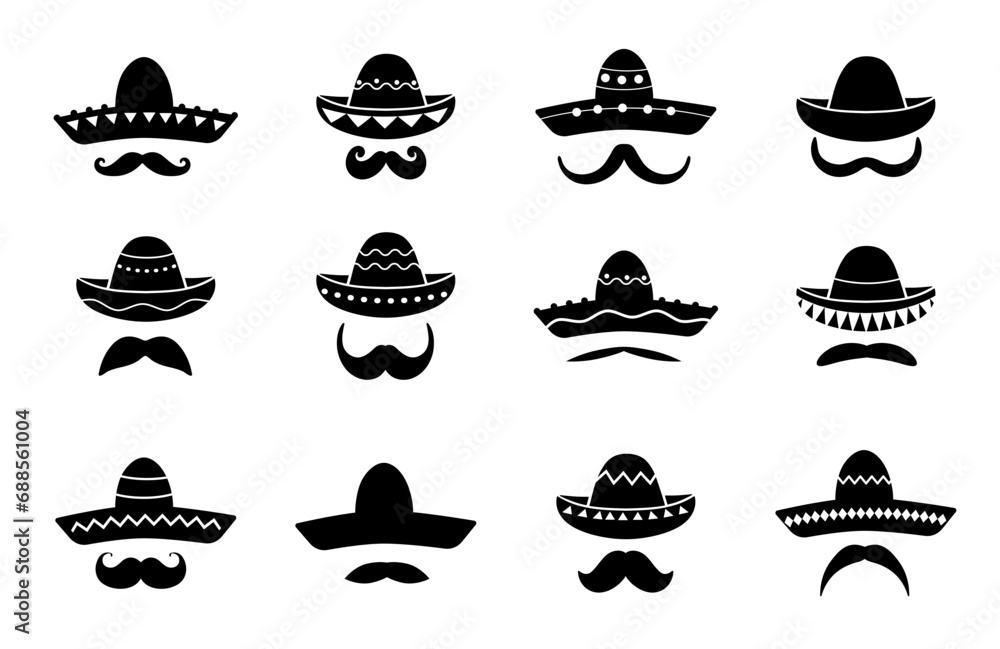 Mexican mariachi sombrero hat icons and mustaches. Hispanic culture fiesta party costume, Mexico amigo men sombrero or Mexican mariachi musician hat vector symbol with ethic ornaments, curly mustache Mexican mariachi sombrero hat icons and mustaches. Hispanic culture fiesta party costume, Mexico amigo men sombrero or Mexican mariachi musician hat vector symbol with ethic ornaments, curly mustache