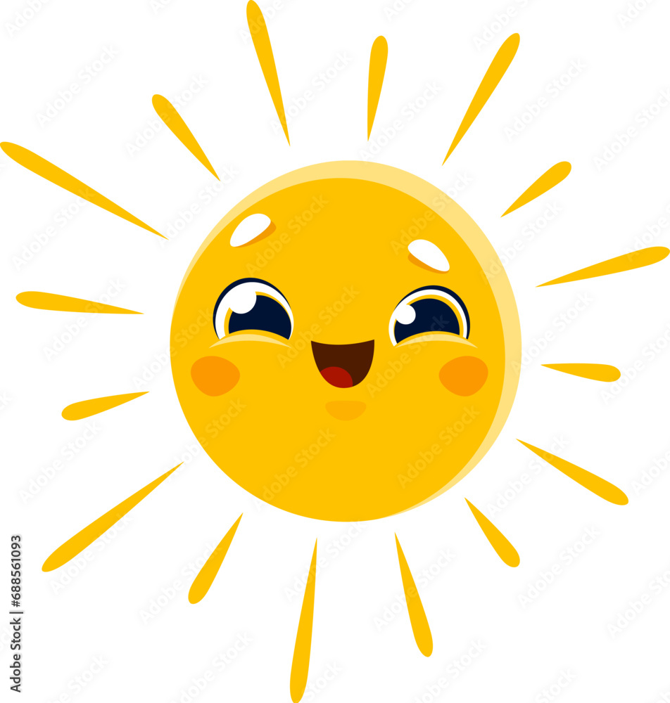 Cartoon smiling sun character, emoji face sunshine or smile emoticon vector icon. Happy cute sun shining with smile and blush, baby or kids comic summer sun emoji character with rays
