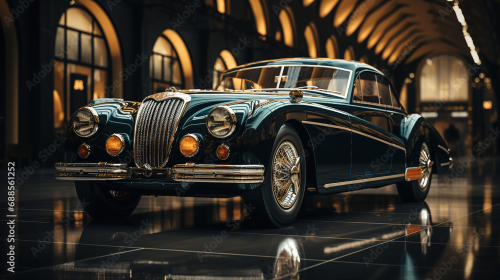 Old Fashioned Retro Luxury Car Sits in Big Room on Blurry Background