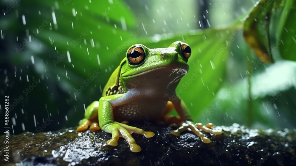 Tree Frog in Rainy Jungle: Raindrop Clarity Amid Leafy Green Tree Frog in Rainy Jungle: Raindrop Clarity Amid Leafy Green