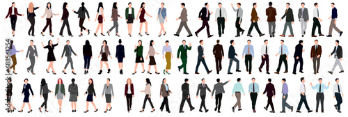 Set or collection of business people. Businessman and woman walking and standing on isolated white back ground.  photo