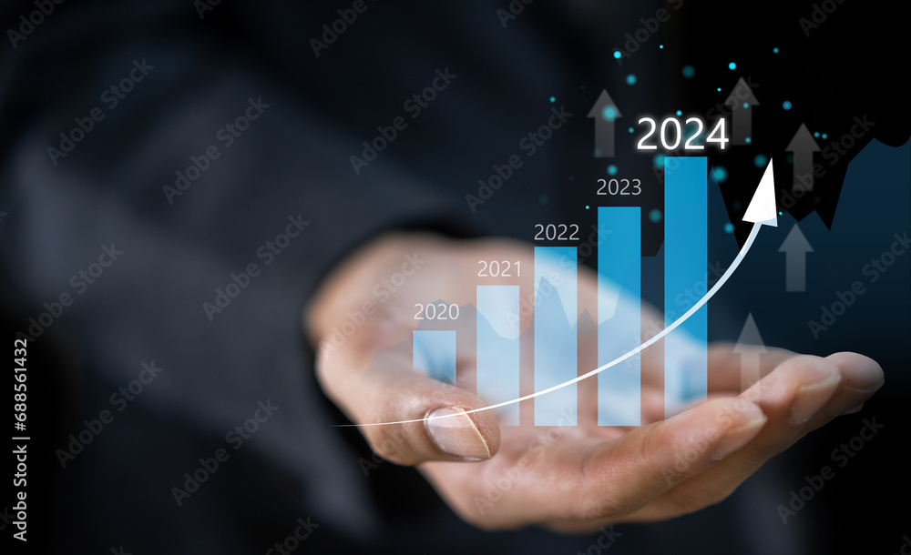 Human with 2024 new year target sale profit and arrow business financial investment graph, business growth, money, 2024, chart, target, investment, funds, saving money, banking, marketing and profit Human with 2024 new year target sale profit and arrow business financial investment graph, business growth, money, 2024, chart, target, investment, funds, saving money, banking, marketing and profit