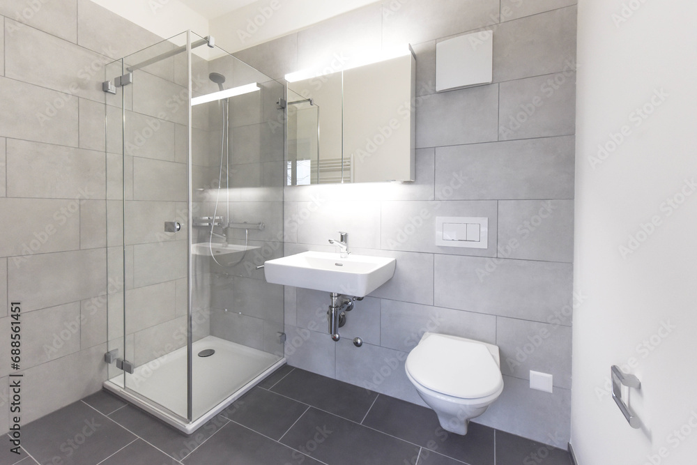 bathroom with toilet, shower and sink in an apartment bathroom with toilet, shower and sink in an apartment