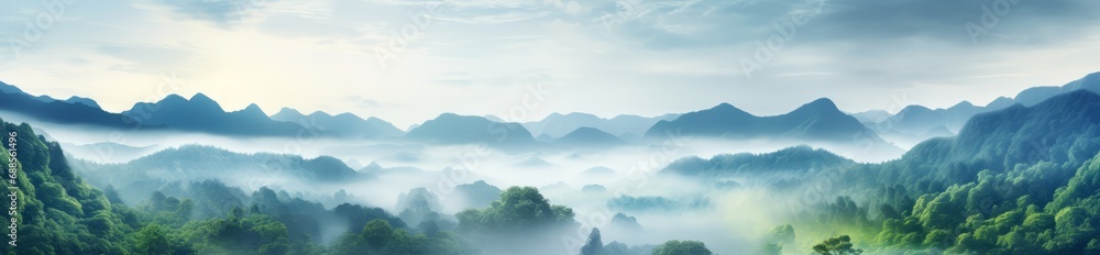 Landscape Serenity: Aerial View of Foggy Jungle Valley