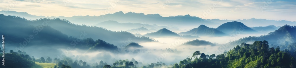 Landscape Serenity: Aerial View of Foggy Jungle Valley