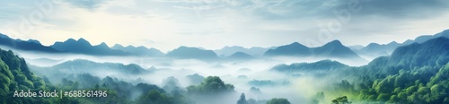 Landscape Serenity: Aerial View of Foggy Jungle Valley © Artem
