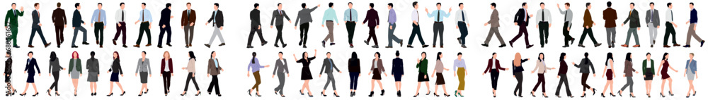 Set of business people walking and standing. Huge collection of businessman and woman.  Men and women in full length. Inclusive business concept. Vector illustration isolated on white background.
