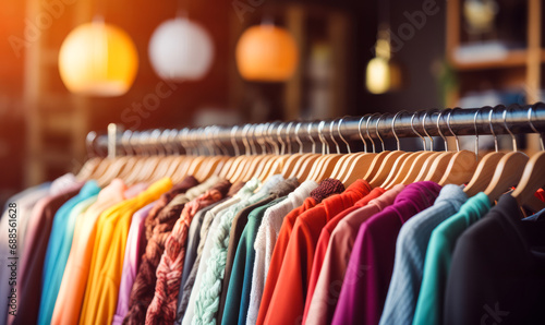 Assorted colorful clothing on hangers at a modern boutique with a cozy, sunlit ambiance and blurred background