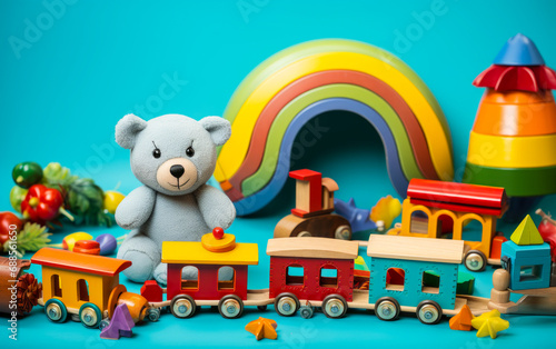 Colorful assortment of children's toys on a light blue background, including teddy bears, a wooden train, and a rainbow, depicting a playful and creative childhood space