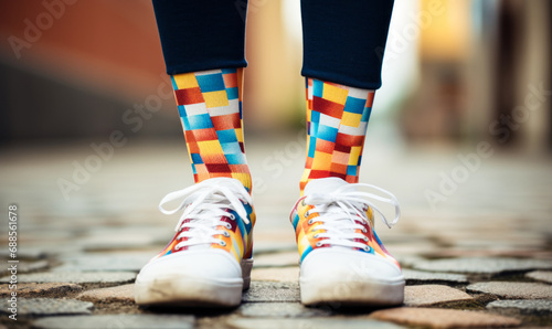 Close-up of colorful mismatched socks with various patterns on person wearing blue trousers and white sneakers, portraying quirky fashion sense and individuality on a cobbled path