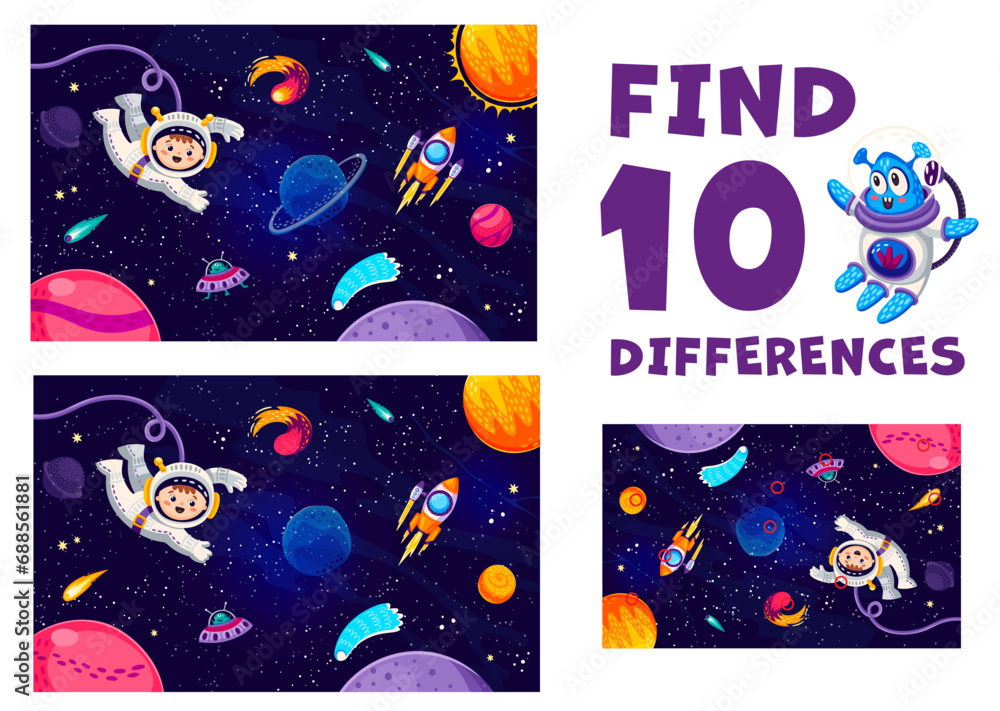 Find ten differences at space galaxy landscape with astronaut and ...