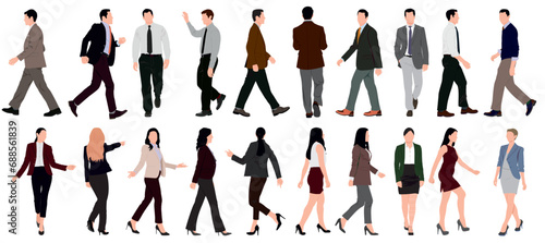 Set of business people walking and standing. Collection of businessman and woman.  Men and women in full length. Inclusive business concept. Vector illustration isolated on white background.