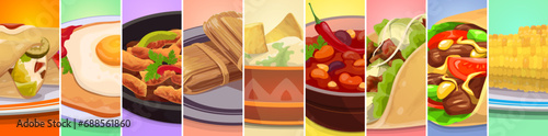Mexican cuisine food collage. Tex mex food vector meal of Mexico taco, burrito, chili sauce and avocado guacamole, corn, nachos, chicken fajitas, tomato beans and tamale. Mexican menu dishes collage